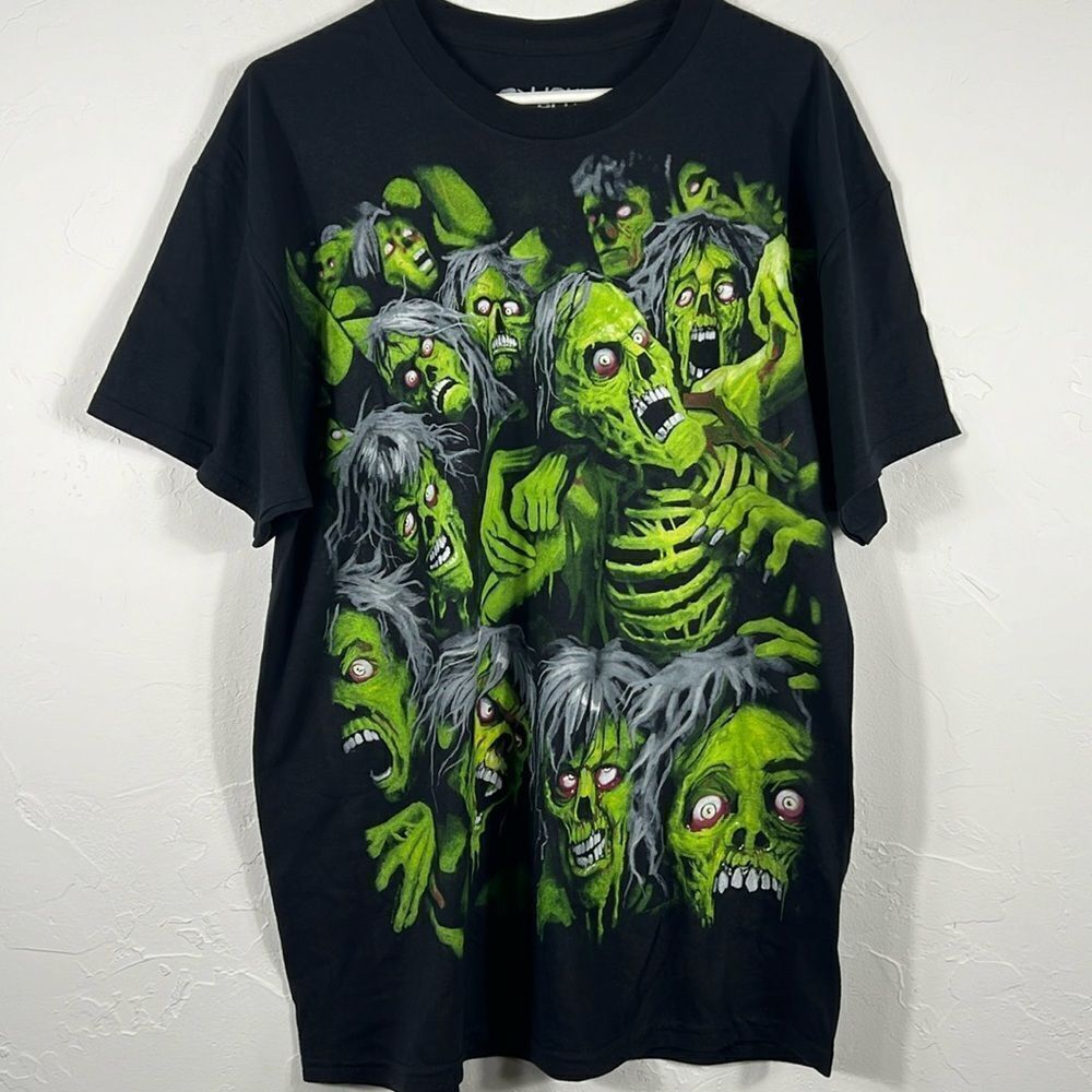 💀🔥 "NEW" ZOMBIE SKULL PILE A.O.P. Liquid Blue Horror Tee XL - Never Worn